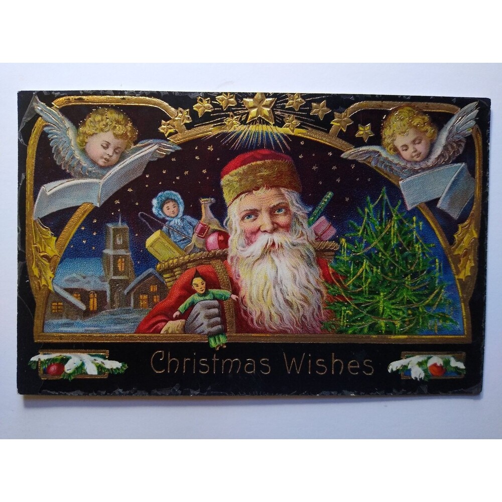 Antique Christmas Wishes Postcard Embossed Santa Claus Angels Tree German Gel